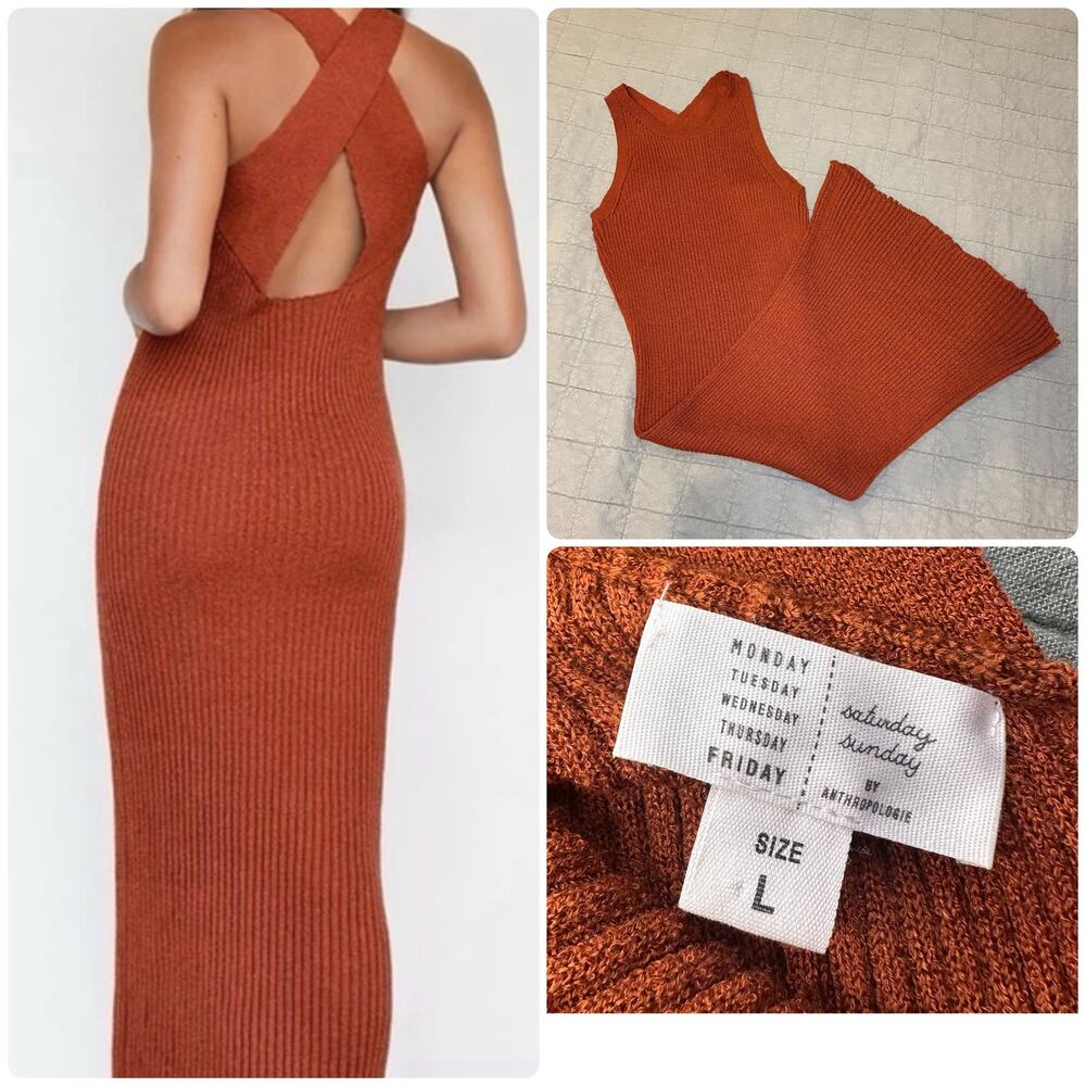 Anthropologie Saturday/Sunday Ribbed Knit Cross-Back Maxi Dress Sz L